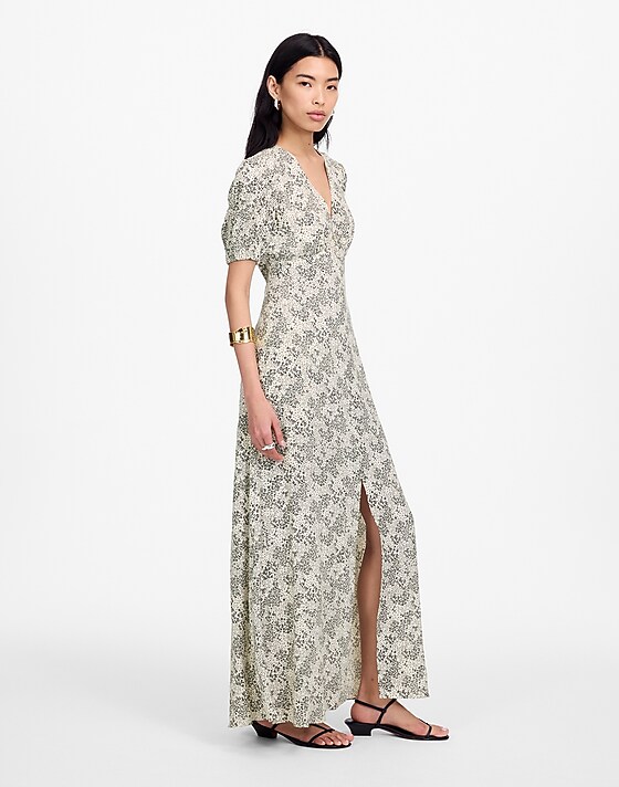 Madewell Puff-Sleeve V-Neck Midi Dress In Floral Harper Floral Ivory