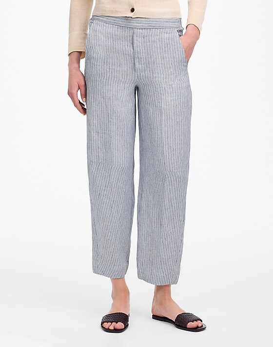 Madewell Pull-On Barrel Pants In 100% Linen Blue White Beachy Stripe