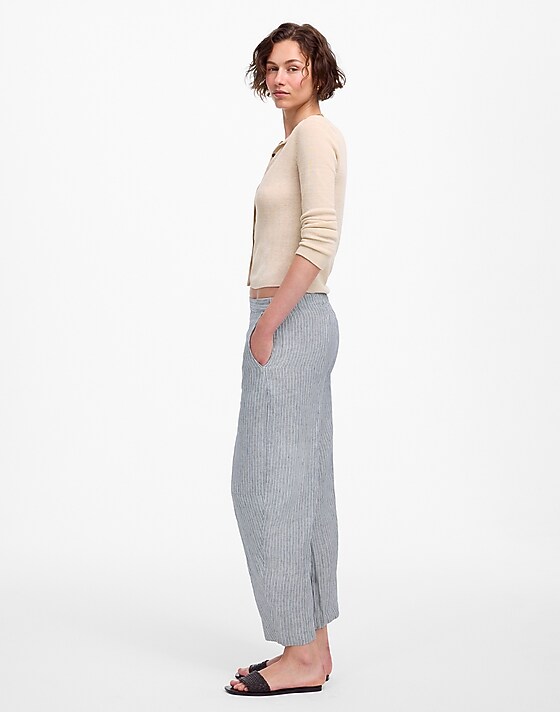 Madewell Pull-On Barrel Pants In 100% Linen Blue White Beachy Stripe