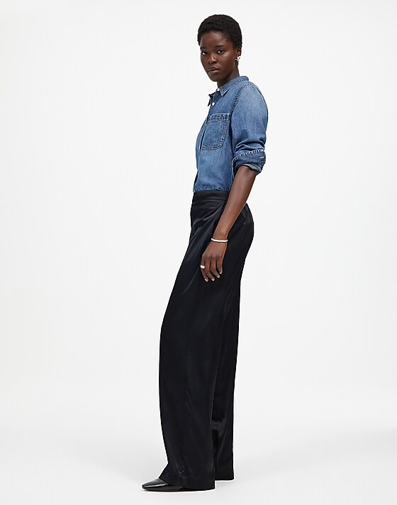Madewell Pull-On Straight Pants In Stretch Satin True Black