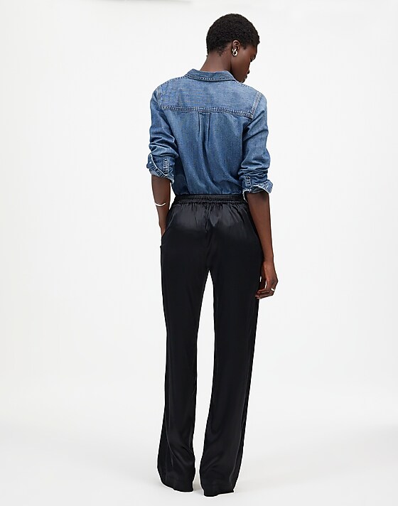 Madewell Pull-On Straight Pants In Stretch Satin True Black