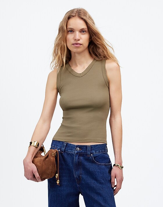 madewell (Re)generative Cotton Ribbed High V-Neck Tank faded fatigue