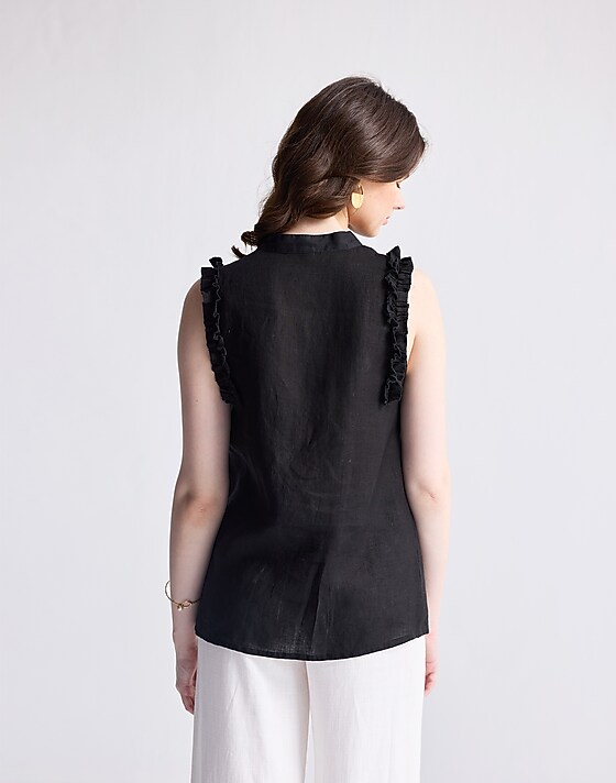 Madewell Reistor® Sleeveless 100% Hemp Top With Ruffles In Black Black