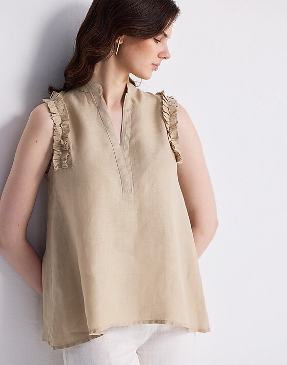 Madewell Reistor® Sleeveless 100% Hemp Top With Ruffles In Neutral Beige Beige
