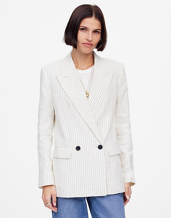 Madewell Relaxed Blazer In Pinstripe Linen Blend Ivory Black Pinstripe