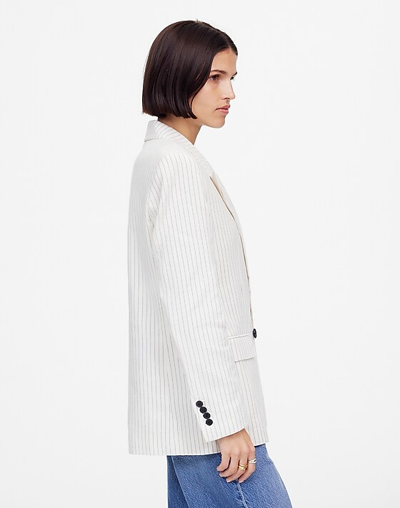 Madewell Relaxed Blazer In Pinstripe Linen Blend Ivory Black Pinstripe