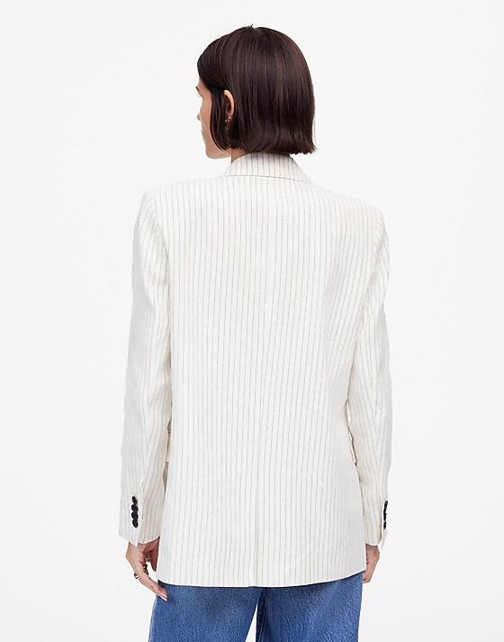 Madewell Relaxed Blazer In Pinstripe Linen Blend Ivory Black Pinstripe