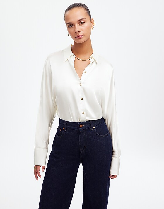 Madewell Relaxed Dolman Button-Up Shirt In Satin Winter White