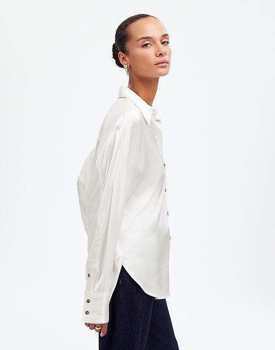 Madewell Relaxed Dolman Button-Up Shirt In Satin Winter White