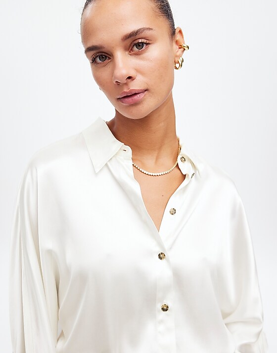 madewell Relaxed Dolman Button-Up Shirt in Satin winter white