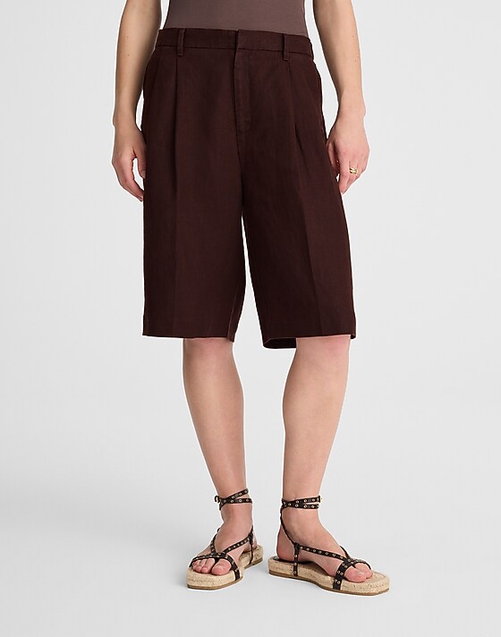 Madewell Relaxed Pleated Trouser Shorts In 100% Linen Charred Oak