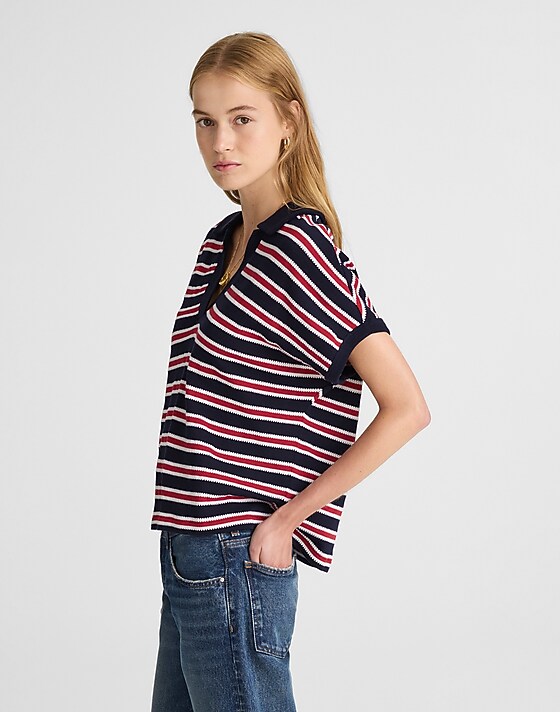 Madewell Relaxed V-Neck Polo Shirt In Stripe Blanket Jqd Midnight Navy