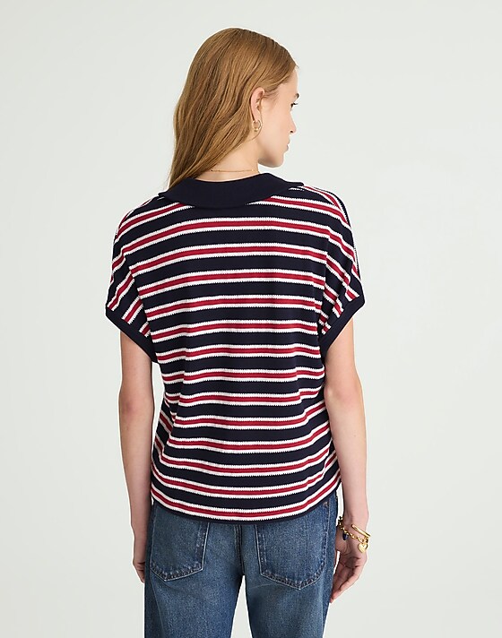 Madewell Relaxed V-Neck Polo Shirt In Stripe Blanket Jqd Midnight Navy