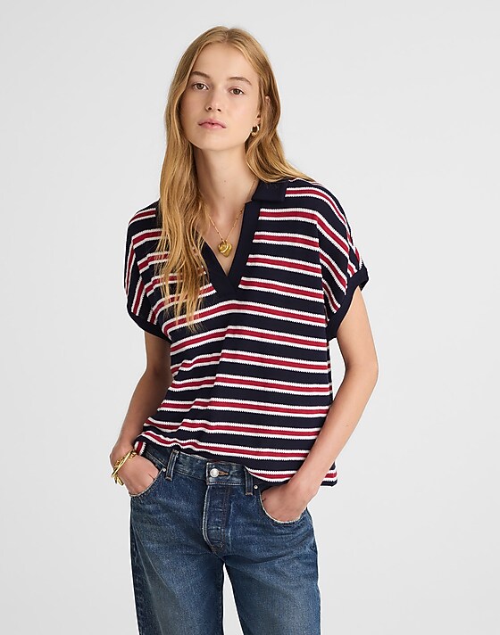 madewell Relaxed V-Neck Polo Shirt in Stripe blanket jqd midnight navy
