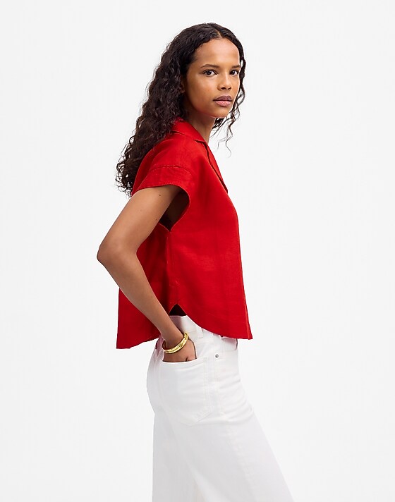Madewell Resort-Collar Shirt In 100% Linen Festival Red