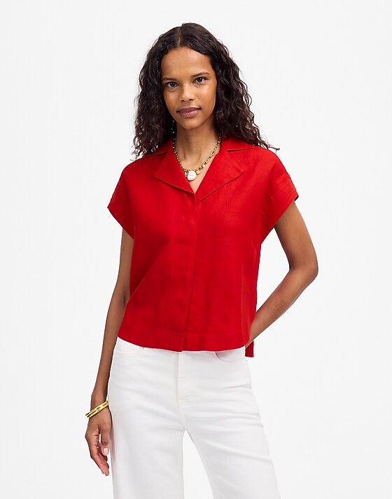 madewell Resort-Collar Shirt in 100% Linen festival red