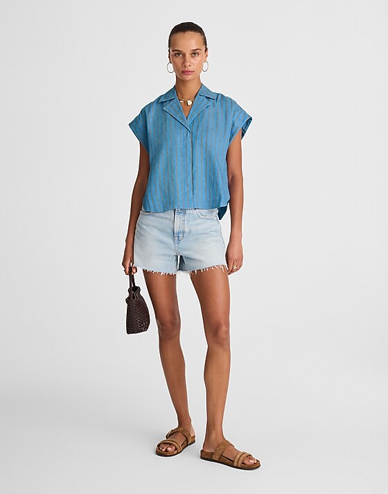 Madewell Resort-Collar Shirt In Linen Blend Delphinium Blue