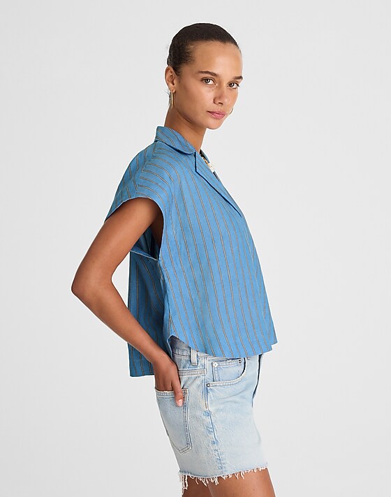 Madewell Resort-Collar Shirt In Linen Blend Delphinium Blue