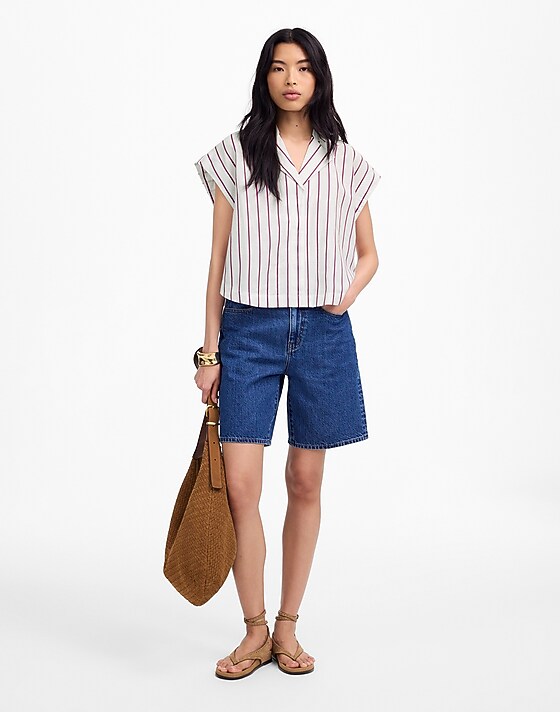 Madewell Resort-Collar Shirt In Linen-Cotton Dark Rose Stripe