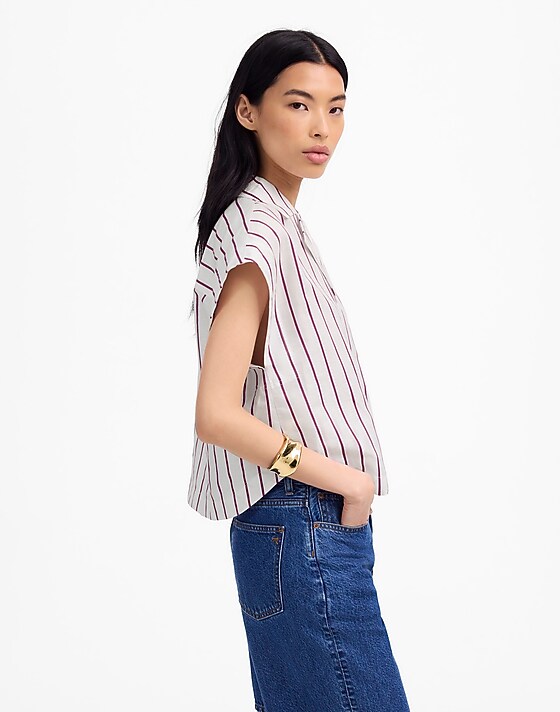 Madewell Resort-Collar Shirt In Linen-Cotton Dark Rose Stripe