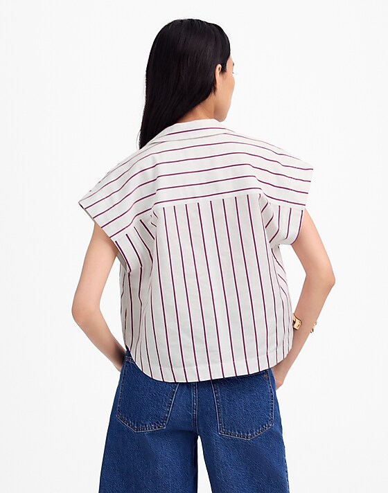Madewell Resort-Collar Shirt In Linen-Cotton Dark Rose Stripe
