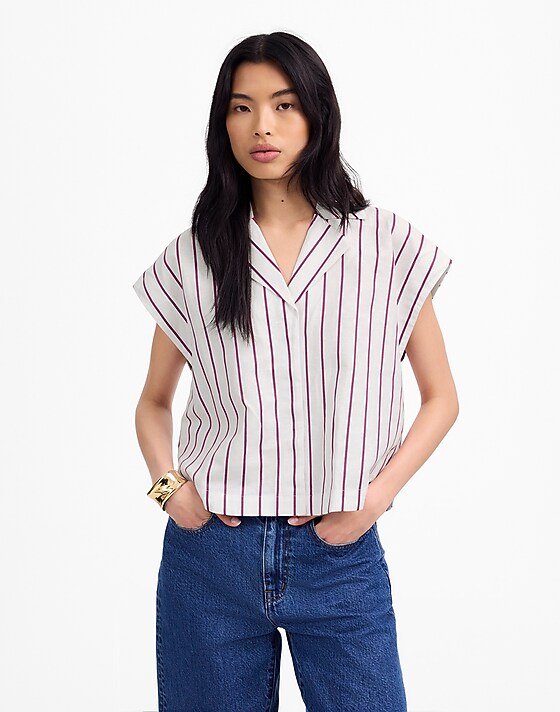madewell Resort-Collar Shirt in Linen-Cotton dark rose stripe