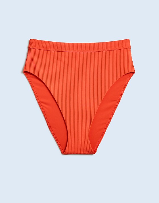 madewell Ribbed High-Rise Bikini Bottom coastal orange