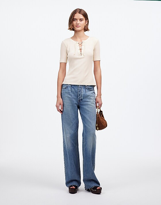 Madewell Ribbed Lace-Up Short-Sleeve Tee Vintage Ivory