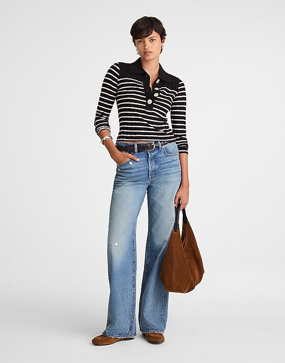 Madewell Ribbed Polo Sweater Black And Ivory Stripe