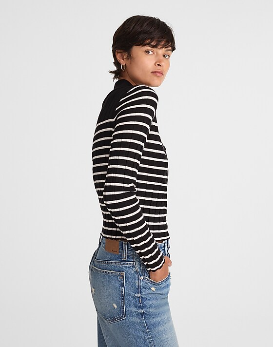 Madewell Ribbed Polo Sweater Black And Ivory Stripe