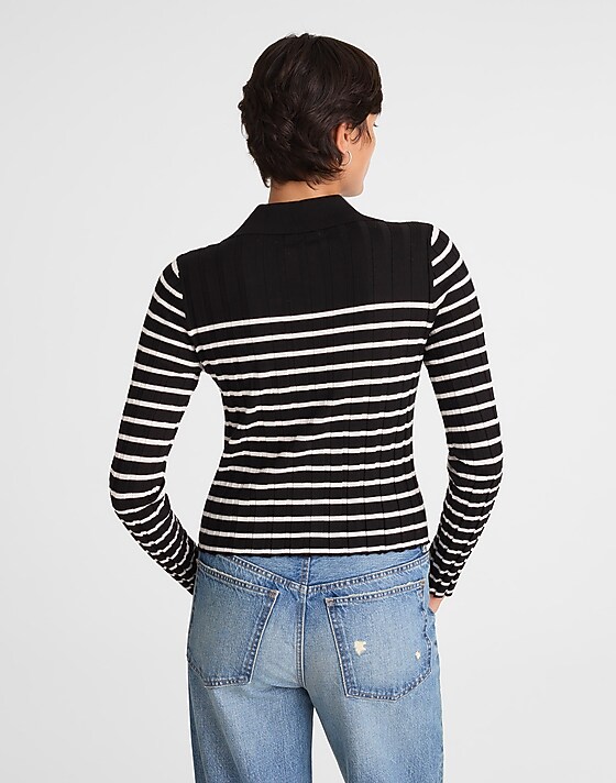 Madewell Ribbed Polo Sweater Black And Ivory Stripe