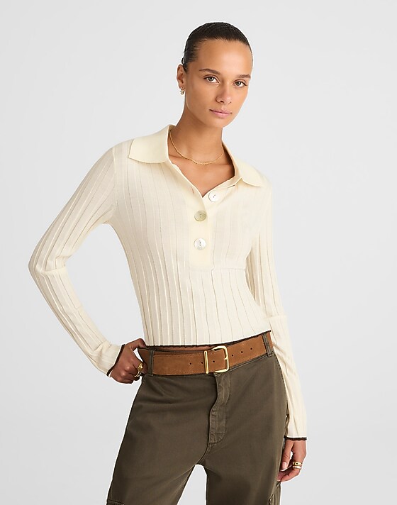 Madewell Ribbed Polo Sweater Ivory With Molasses Tipping