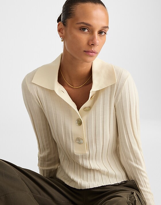 madewell Ribbed Polo Sweater ivory with molasses tipping