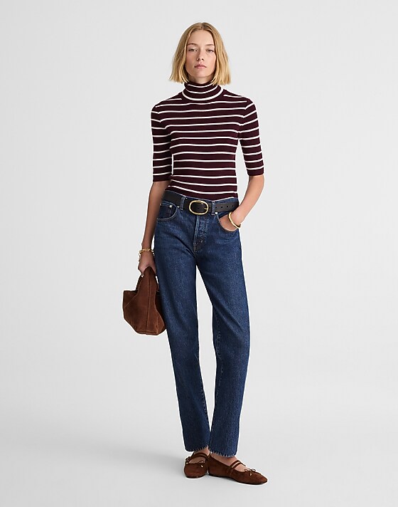 Madewell Ribbed Turtleneck Tee In Merino Wool Dark Pomegranate Stripe