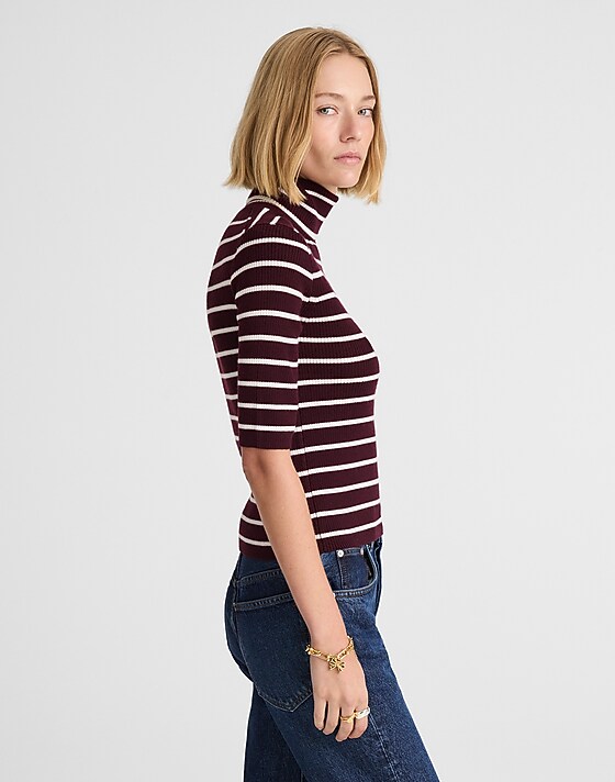 Madewell Ribbed Turtleneck Tee In Merino Wool Dark Pomegranate Stripe