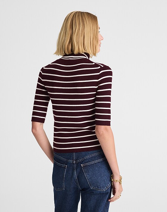 Madewell Ribbed Turtleneck Tee In Merino Wool Dark Pomegranate Stripe