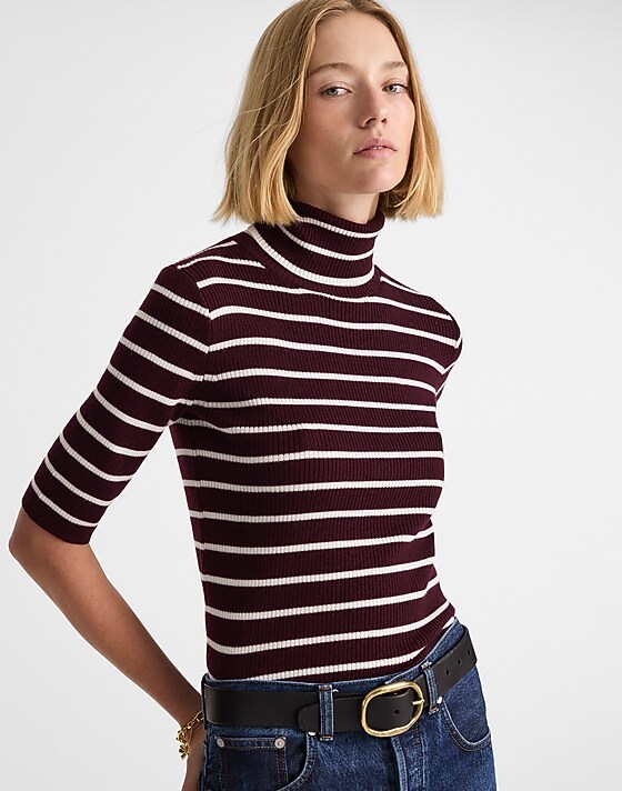 madewell Ribbed Turtleneck Tee in Merino Wool dark pomegranate stripe