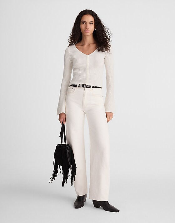 Madewell Ribbed V-Neck Sweater Top In Merino Wool Ivory