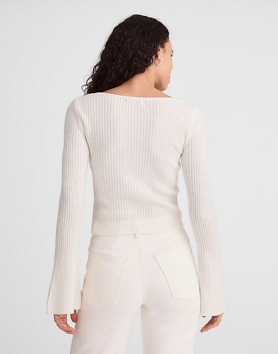 Madewell Ribbed V-Neck Sweater Top In Merino Wool Ivory
