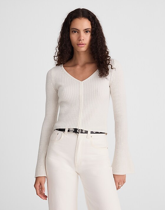 madewell Ribbed V-Neck Sweater Top in Merino Wool ivory