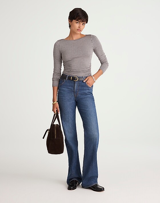 Madewell Ruched Crewneck Long-Sleeve Tee In Check Jacquard Molasses