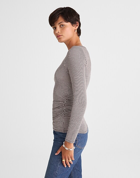 Madewell Ruched Crewneck Long-Sleeve Tee In Check Jacquard Molasses