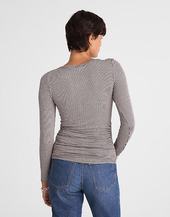 Madewell Ruched Crewneck Long-Sleeve Tee In Check Jacquard Molasses