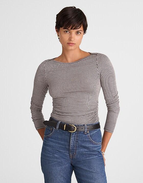 madewell Ruched Crewneck Long-Sleeve Tee in Check Jacquard molasses