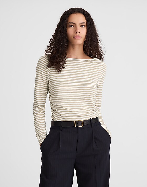 madewell Ruched Crewneck Long-Sleeve Tee in Soft Slub coastal dune
