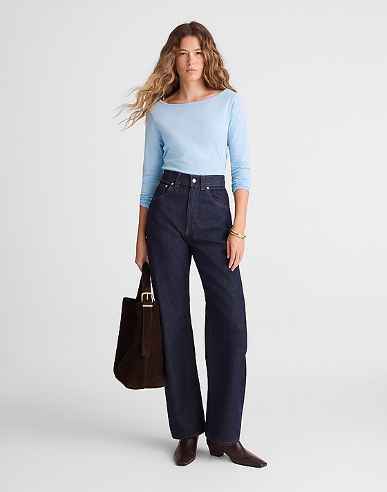 Madewell Ruched Crewneck Long-Sleeve Tee In Soft Slub Light Pool