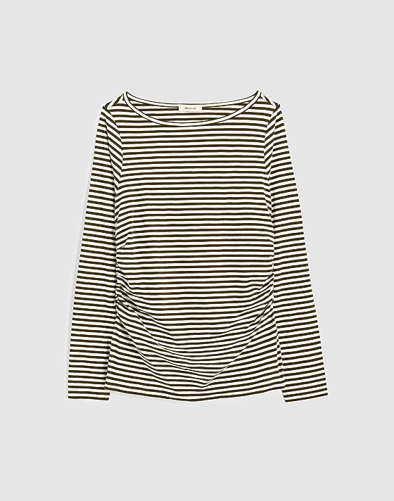 madewell Ruched Crewneck Long-Sleeve Tee in Soft Slub warhol stripe olive and