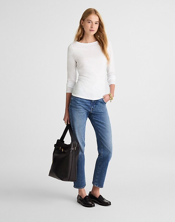 Madewell Ruched Crewneck Long-Sleeve Tee In Soft Slub White