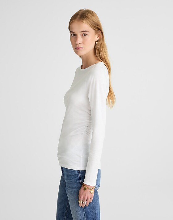 Madewell Ruched Crewneck Long-Sleeve Tee In Soft Slub White