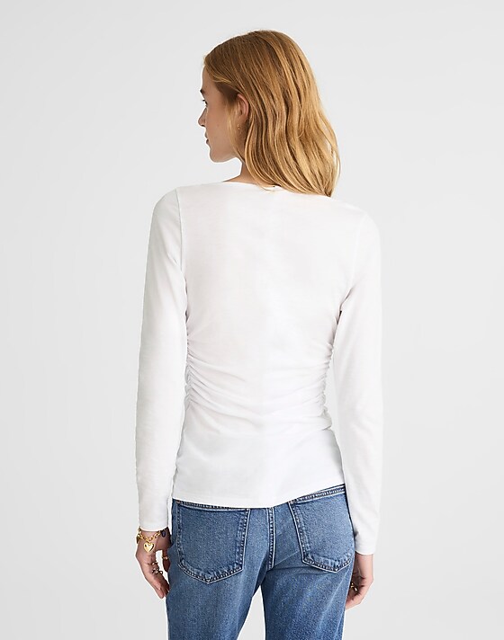 Madewell Ruched Crewneck Long-Sleeve Tee In Soft Slub White
